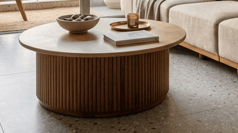 Aalap Fluted Coffee Table with honed sandstone top and solid teak fluted pedestal
