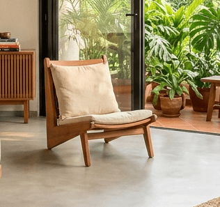 Kaya Low Lounge Chair in solid teakwood with mineral sand linen upholstery