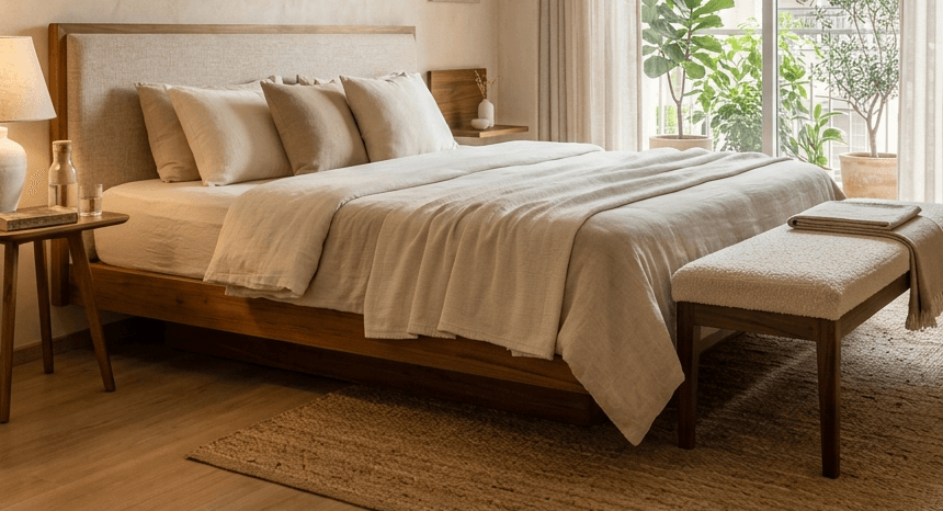 Nidra Low Platform Bed in solid teakwood with oatmeal linen headboard in a calm bedroom