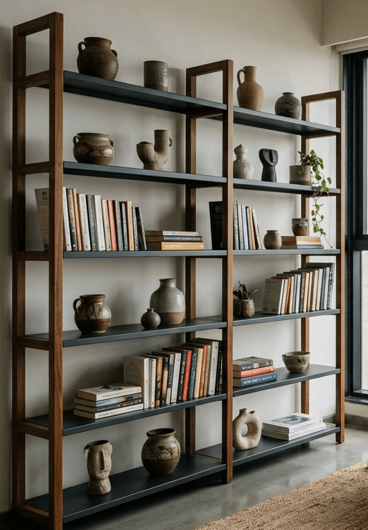 Sopan Open Modular Shelving unit with solid teak uprights and charcoal steel shelves