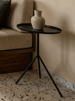 Tarang Side Table with turned teak dished top and black tripod steel legs