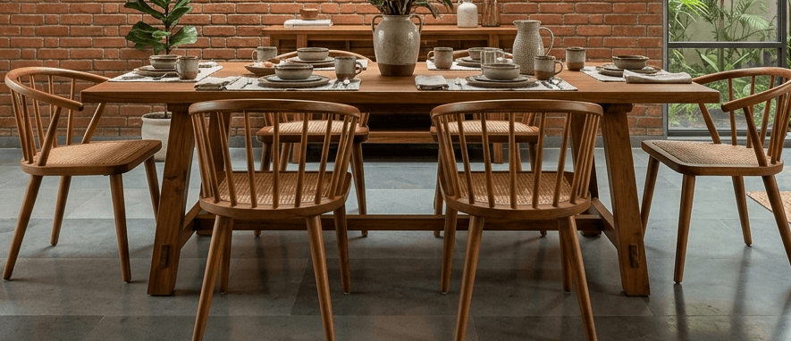 Veda Trestle Dining Table in solid teakwood set for six in a warm contemporary dining room