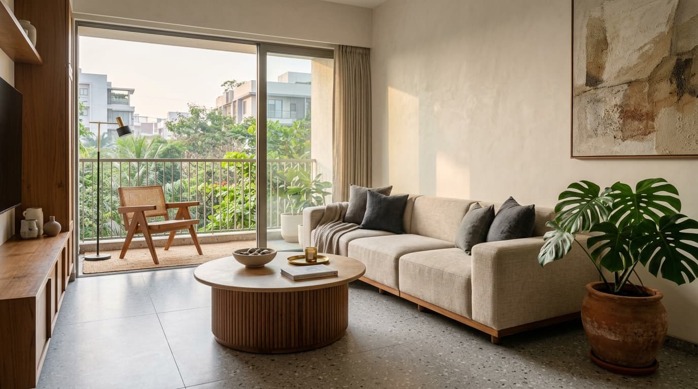 Contemporary Indian urban apartment living room featuring Niyata solid teak modular sofa and fluted coffee table
