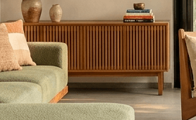 Kosh slatted credenza and Sopan open shelving