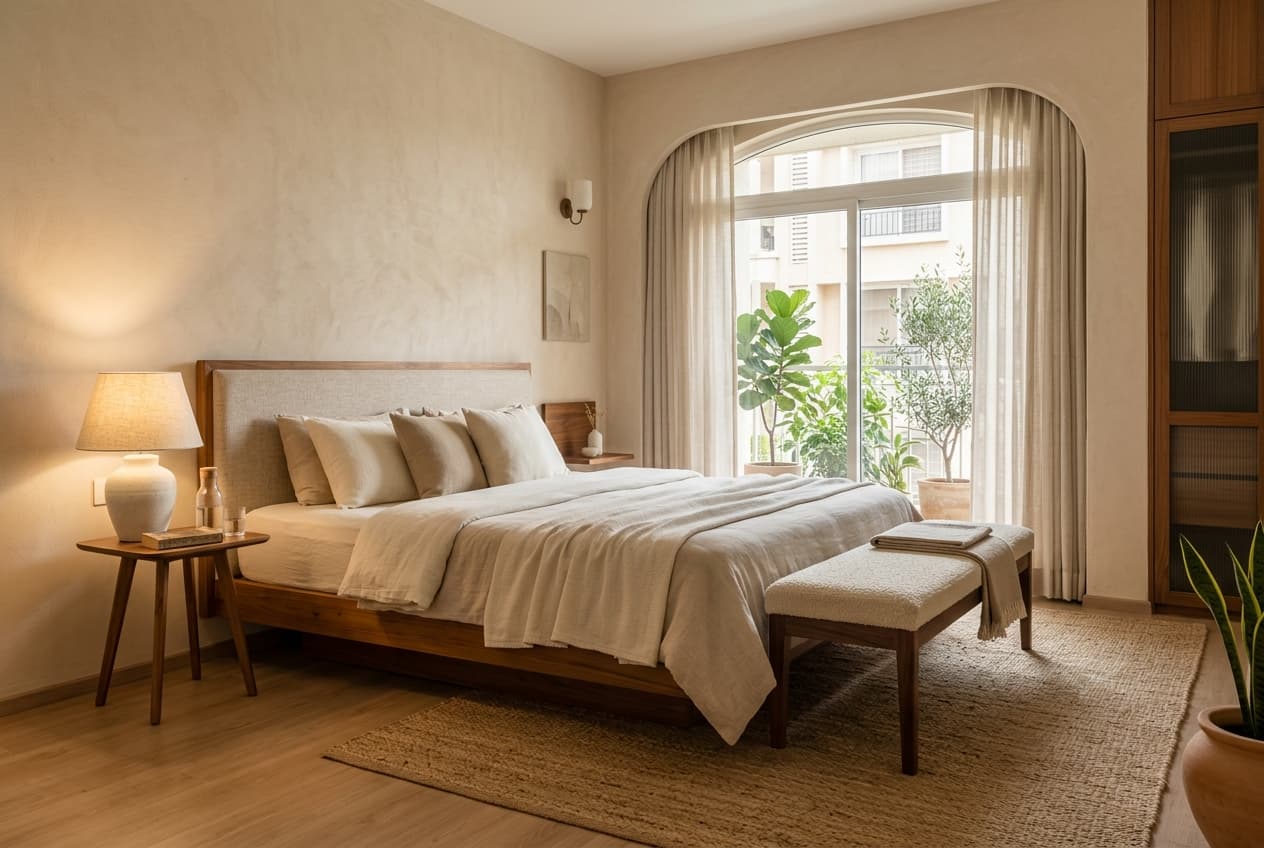 Primary bedroom suite featuring Nidra low platform bed, Setu bench, and Tarang side tables