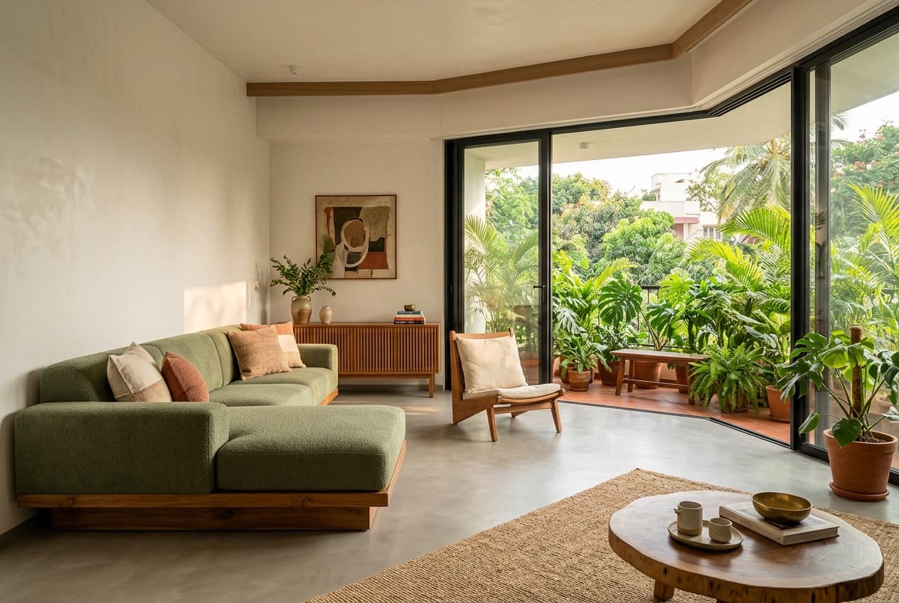 Family living room in Koramangala with Prana chaise sofa in moss fabric, Kaya lounge chairs, and Kosh credenza