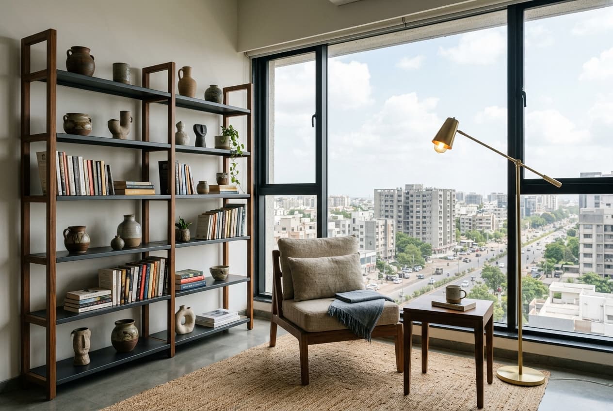 Urban study reading corner in Surat with Sopan open shelving, Kaya lounge chair, and Aksh floor lamp